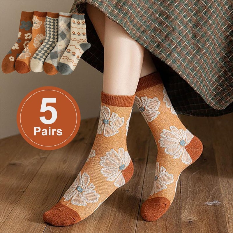MarJunSep Wool Fall Boot Socks Women Teen Girls Thick Knit Vintage Cute Floral Cottage Core Boho Winter Warm Crew Socks - Image 2